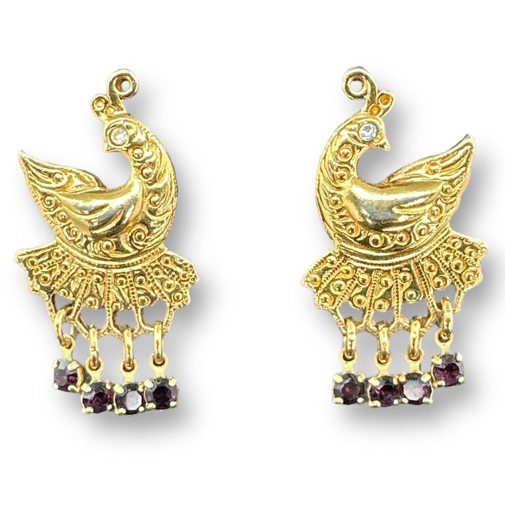 Peacock Pierced Earrings Dangle Red Stone over Gold Tone by Avon